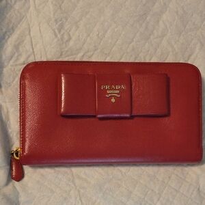 Prada Saffiano Leather Pink (Peonia) Bow Zip Around Wallet
